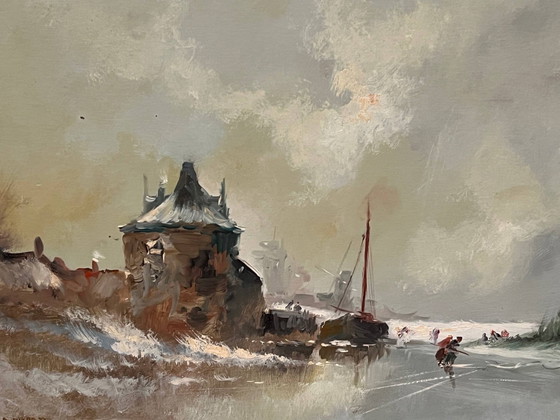 Landscape signed "Winter Ski". Oil on wood panel. – Paintings & Drawings (photo 3 of 6)