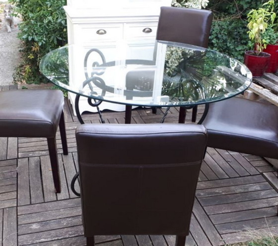 Image 1 of Mesa redonda de cristal y hierro forjado - Interior o exterior