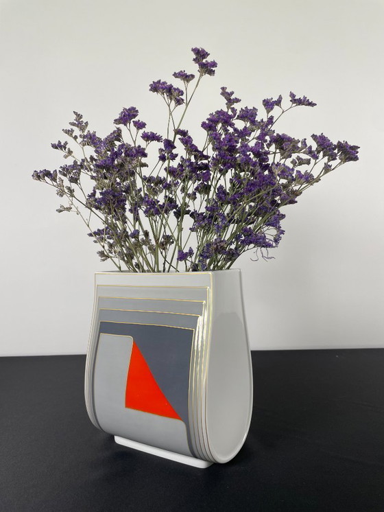 Image 1 of 1980s Gray and Red with Gold Stripe Rosenthal Vase By Christa Goltz Keramische Vaas