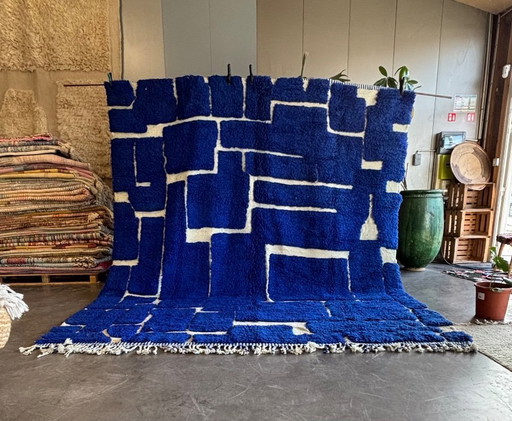 Marokkaans blauw Beni Mrirt tapijt 300x340 cm - Handgemaakt wollen tapijt, blauw geometrisch vloerkleed