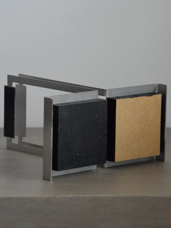 Image 1 of Vintage Handcrafted Bookends in Brushed Steel and Wood - Modernist/Mid-Century Design, Unsigned