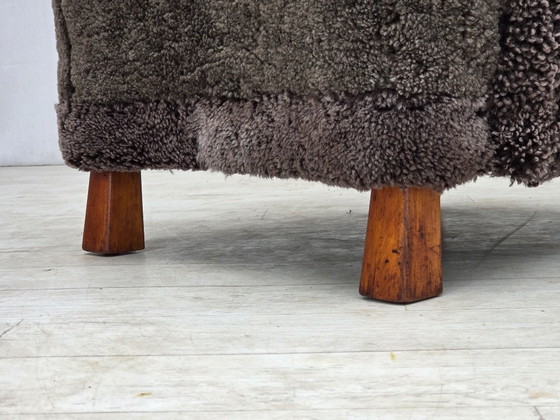 1960s, Danish design, reupholstered armchair, genuine sheepskin., Other, Brown (photo 5 of 20)