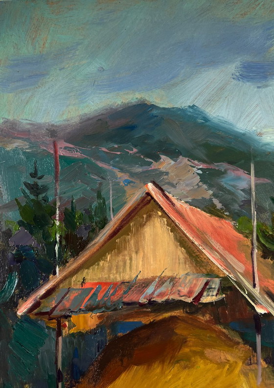 Original Oil Painting Rural Landscape Village Life House On The Mountains – Paintings & Drawings, Mdf (photo 5 of 9)