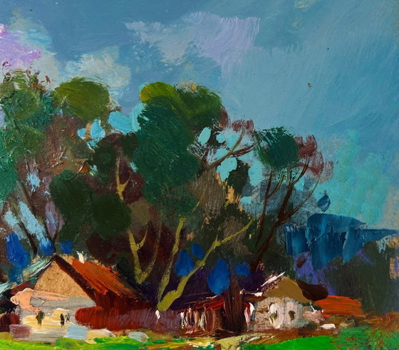Image 1 of Original Oil Painting Summer Coastal Landscape The river flows past the village