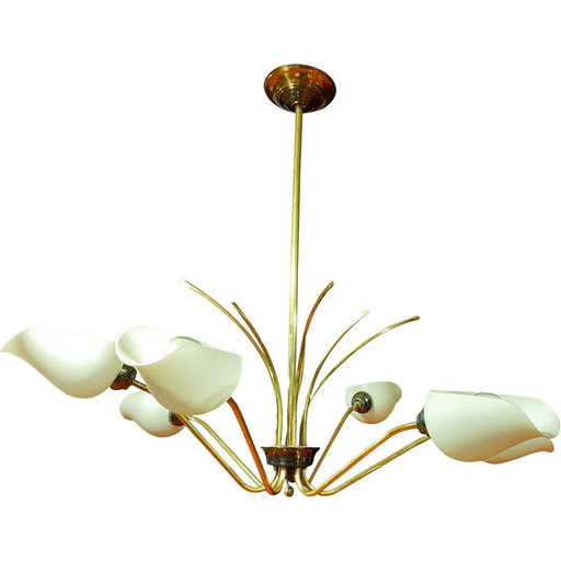 Lustre vintage en laiton et verre opalin, 1960s