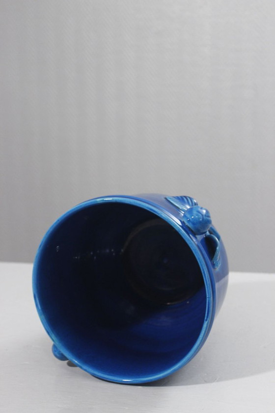 Image 1 of Cachepot vintage in ceramica con smalto blu craquelé, stile Chambost, anni '70