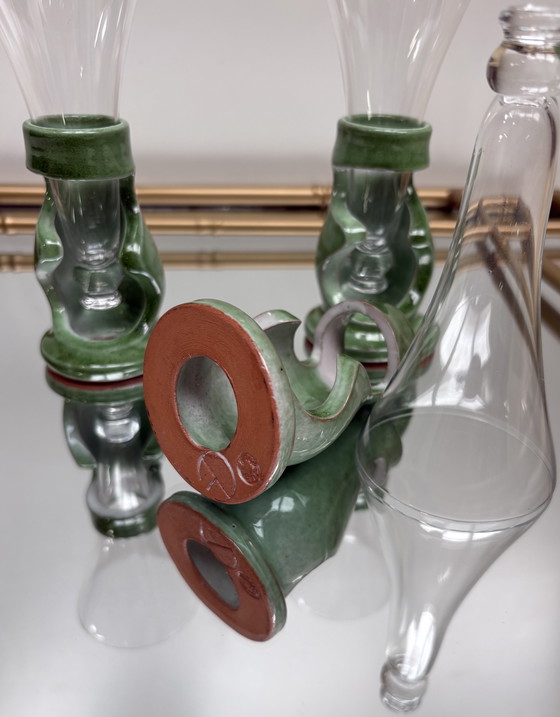 Image 1 of Copas de champán de cristal Francis Dumelié de cerámica verde