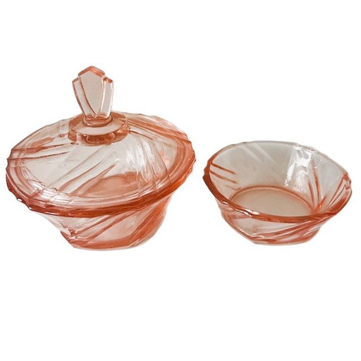 Conjunto Art Déco Rosaline de joyero y cuenco de cristal tallado, rosa, década de 1930