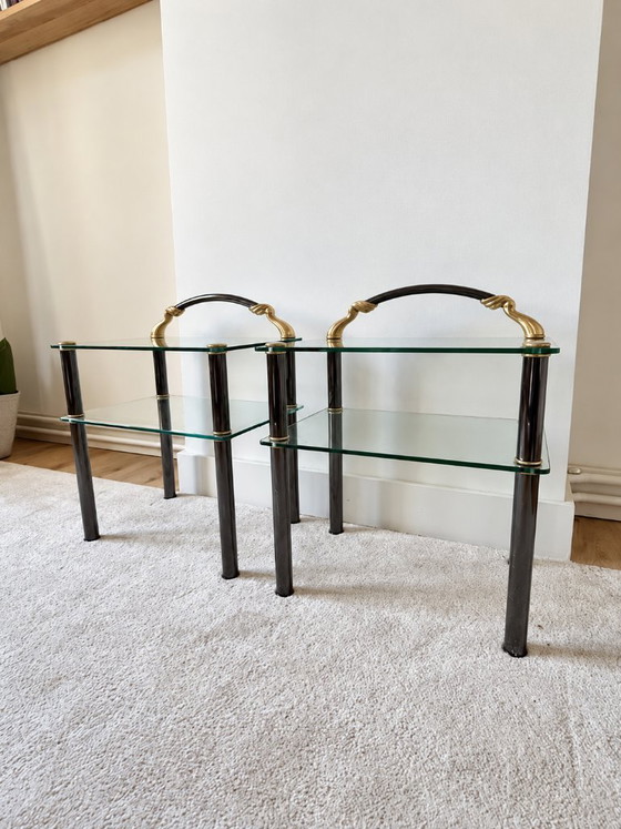 2 vintage side tables/nightstands, Hollywood Regency style, Metal, Glass, Black (photo 3 of 6)