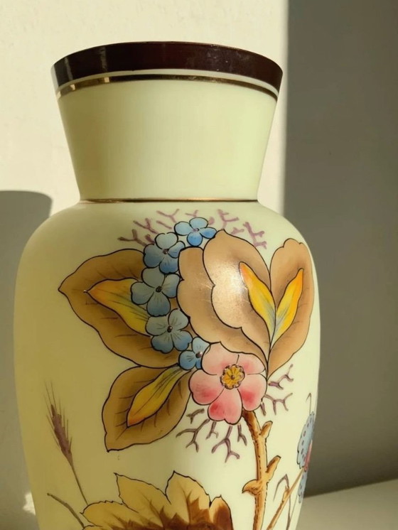 Image 1 of Antique Bohemian Art Nouveau Uranium Satin Glass Vase - Harrach - c. 1900