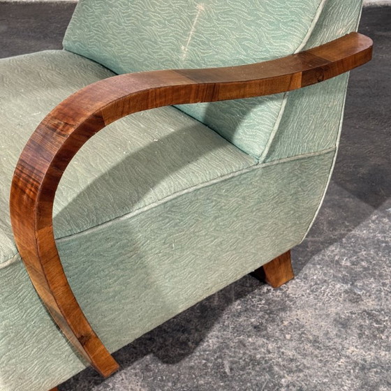 Pair of Art Deco Style Armchairs with Veneered Arms, 1960s – Textile (photo 9 of 14)