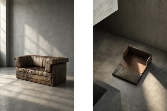 Image 1 of Vintage Duitse brutalistische tweezitsbank in mid-century modern stijl, bruin leer, jaren 70