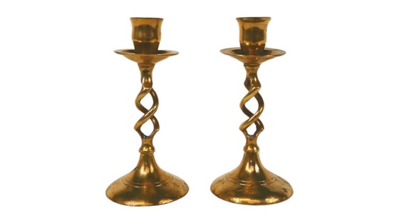 Image 1 of Vintage messing kandelaars set – gedraaide spiraal – mid century stijl