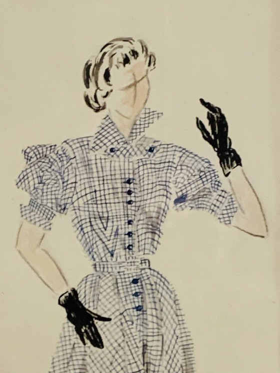 Image 1 of Mid-Century, Signed, Framed, “Robe Ecossaise” Pencil Sketch on Paper by Berthe Duquaine, 1950's