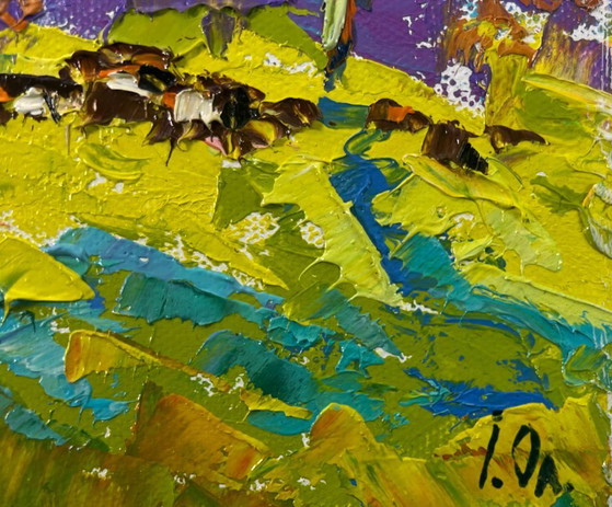Image 1 of Original Oil Painting: Summer Field Landscape Poplars Above the Path in Fog