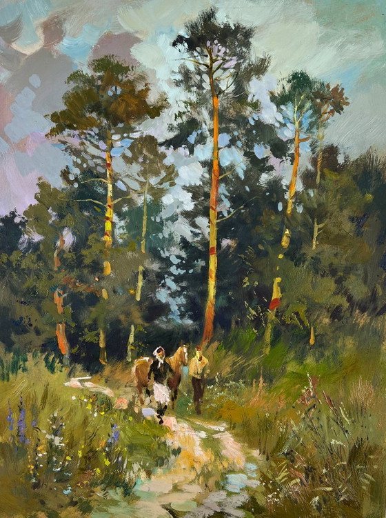 Image 1 of Original Oil Painting Summer Nature Landscape Path in the forest
