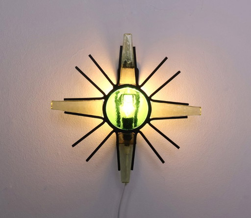 Vintage metal sunburst wall lamp with green glass, 1960s