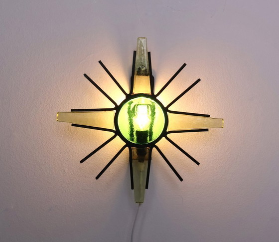 Image 1 of Vintage metal sunburst wall lamp with green glass, 1960s