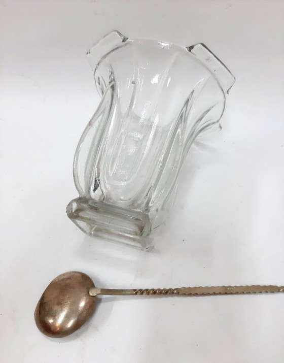 Image 1 of Secchiello per il ghiaccio vintage con cucchiaio; ciotola per il ghiaccio in vetro trasparente pesante