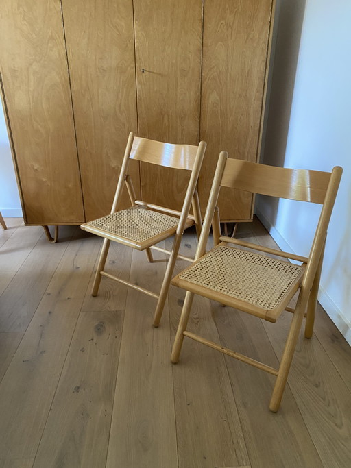 Lot de 2 chaises Habitat vintage - Chaises pliantes - Bois de hêtre et sangles en rotin - Années 70/80 – klapstoelen, Wicker