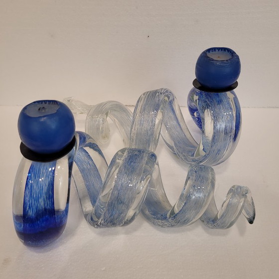 Image 1 of Pair of blue spiral candlesticks, glass, 80's - France