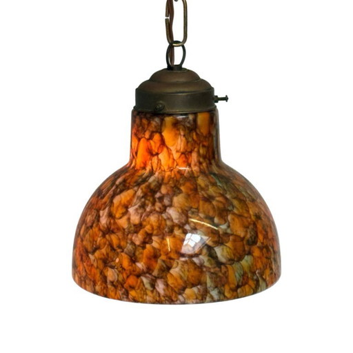 Art Déco - Suspension pédante - Plafonnier - Forme ovale - Suspension par chaîne, baldaquin assorti - marron et orange