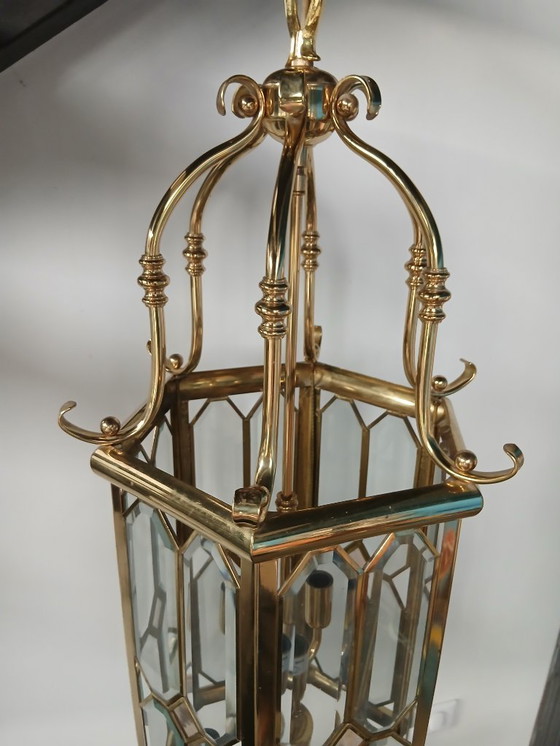 Image 1 of Enorme lanterna a sospensione Lustre Française in vetro Biseauté e Laiton Poli