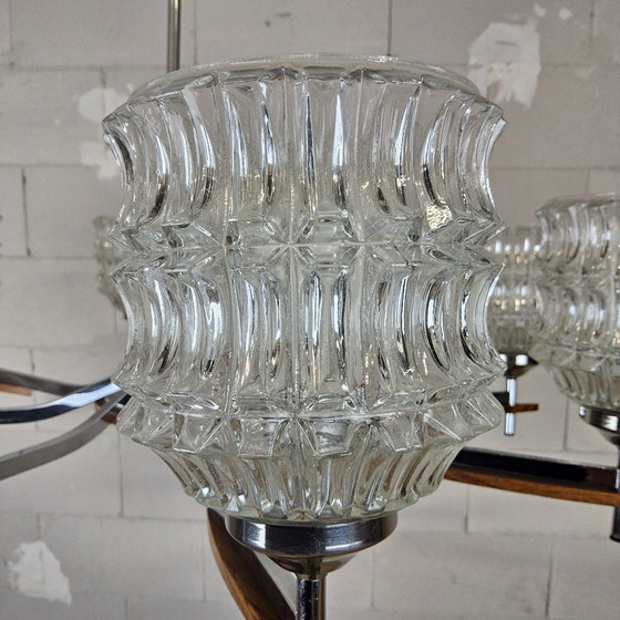 Image 1 of Lampadario d'epoca (anni '60) (8 bracci) cromo/legno (design metà secolo) Lampada a sospensione