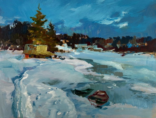 Dipinto ad olio originale Paesaggio innevato Fiume invernale ghiacciato