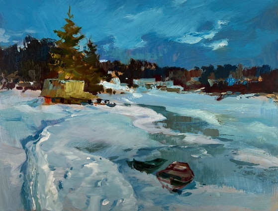 Image 1 of Original Oil Painting Snow Field Landscape Frozen winter river