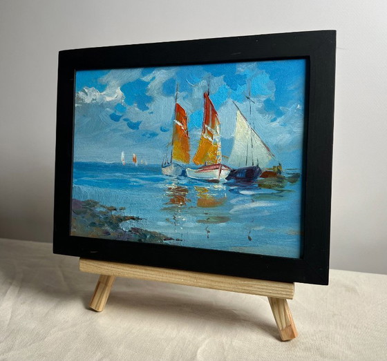 Image 1 of Peinture à l'huile originale représentant un paysage marin bleu « En voyage en mer »