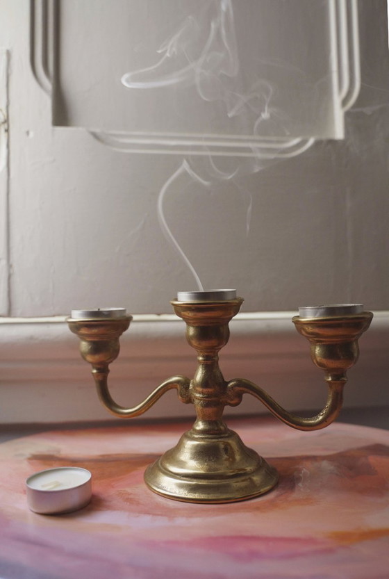 Image 1 of Solid Brass Vintage Candelabra, Bronze-Tone Three-Arm Candle Holder