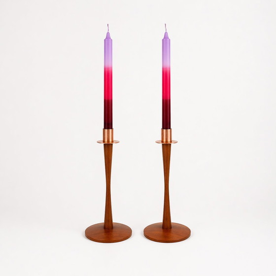 Image 1 of Pair of vintage Scandinavian teak and copper candlesticks, Sweden, 1960s