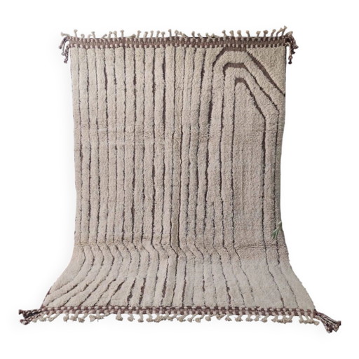 Beni Ouarain Rug, Ecru, Striped and Curved Pattern, Handmade, 207x290 cm