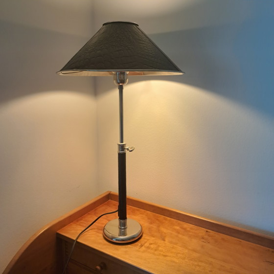 Vintage Chrome & Croco-Effect Table Lamp – Adjustable – Adnet Style – 1970s/80s – Metal, Leather (photo 5 of 6)