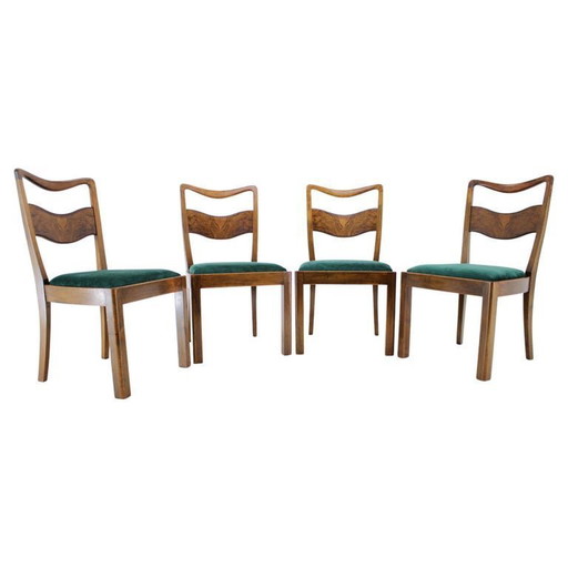 Set of Four Czechoslovakian Art Deco Refurbished Walnut and Velvet Dining Chairs, 1930s