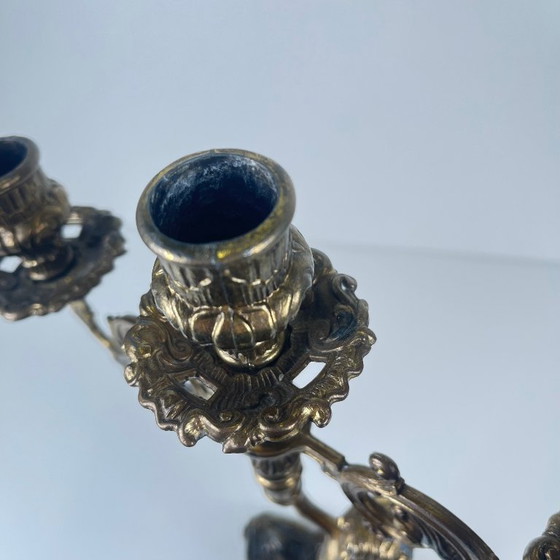 Image 1 of Antique three-arm candelabra in cast brass, cherub, late 19th-early 20th century