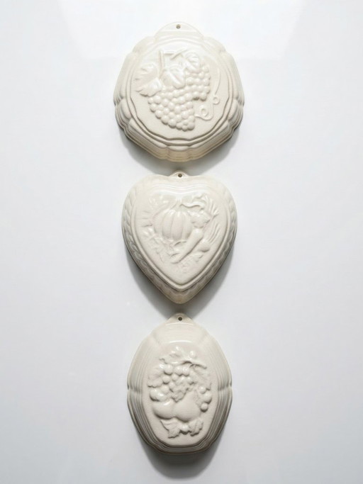 Juego de 3 moldes de cerámica para gelatina, con decoración en relieve, estilo vintage de los años 80-90.