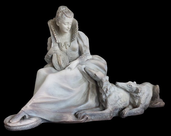 Image 1 of Art Deco sculpture of a seated lady with dogs