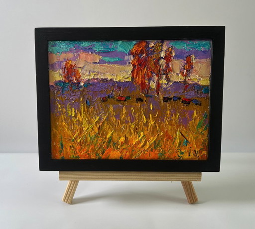 Original Oil Painting Autumn Nature Landscape Night on the Field