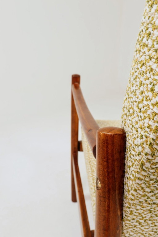 Mid-century modern design fauteuil, groene nevel gebogen hout, 1960