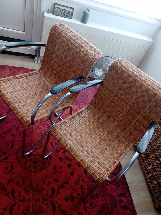 Image 1 of 2x2 Silla Gispen de mimbre con cromo mate, modelo 2a (2 juegos de 2)