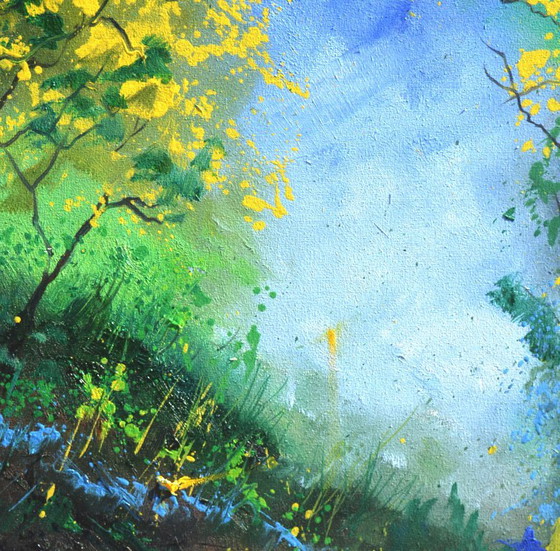 Pittura astratta Paesaggio forestale giallo e verde, Dipinti e disegni, Tela, Abstract (foto 3 di 5)