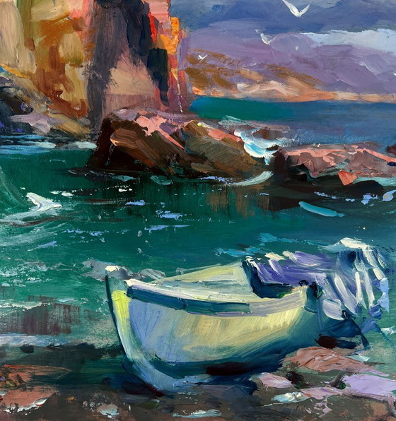 Image 1 of Original Oil Painting Evening Coastal Landscape Fishermen pull their nets into the sea