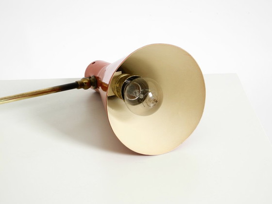 Image 1 of Beautiful, Large Mid-Century Modern Brass Table Lamp with a Brick-Red Shade