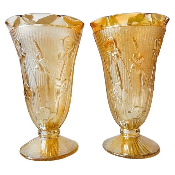 Image 1 of Paire de vases vintage Jeanette en verre Carnival, motif pêche, style Art déco, années 1930