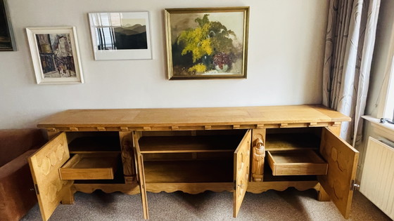 Brutalist Set, Solid Oak Sideboard, Cabinet, Dining Table, 6 Chairs, Hand Carved Priest Mission Style (photo 4 of 15)