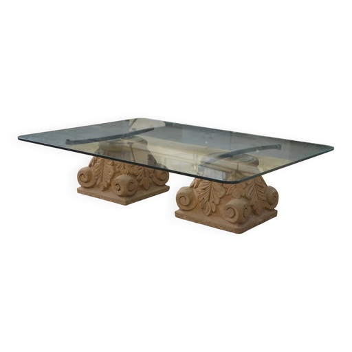 Table basse piédestal en pierre et verre des années 1960