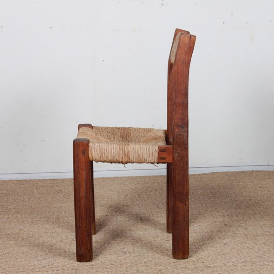 Image 1 of Set van 4 massief houten stoelen met rieten zitting, 1950