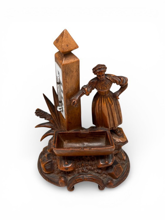 Image 1 of Antique Black Forest thermometer – Hand-carved wood carving with female sculpture (c. 1880–1920)